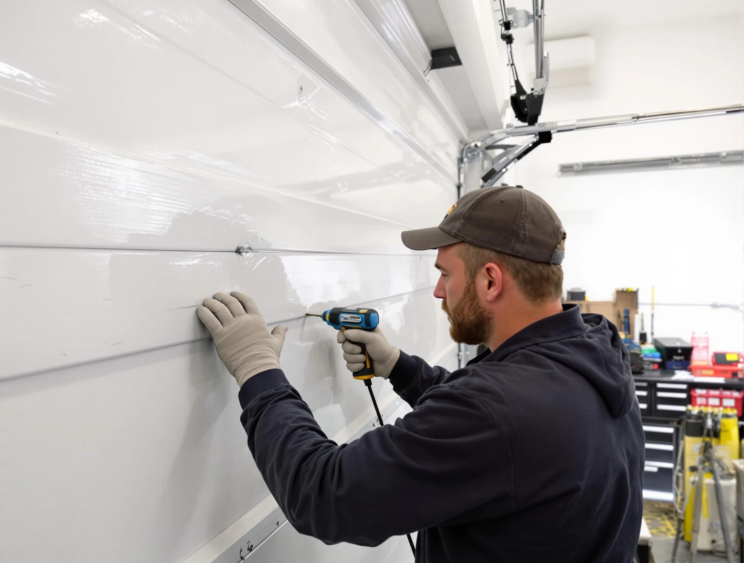 Bernalillo Garage Door Repair technician demonstrating precision dent removal techniques on a Bernalillo garage door